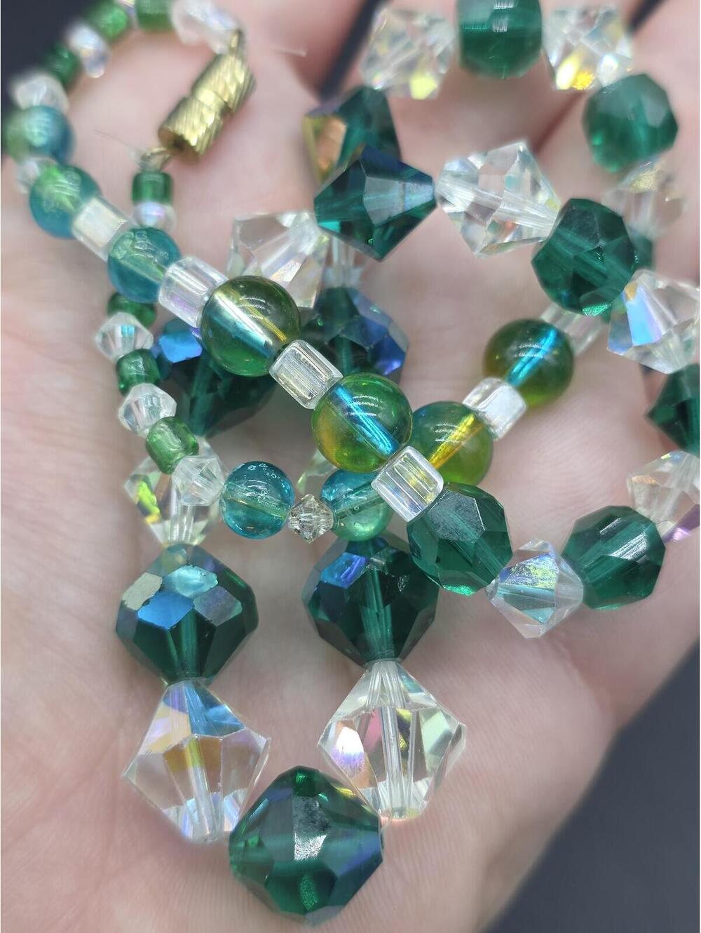 VTG Austrian Crystal Necklace, Emerald & Forest Green Sparkling AB Beads